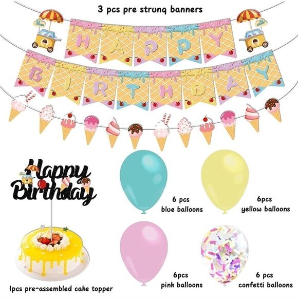 NWT Ice Cream Theme Party supplies - Ice Cream Themed Happy Birthday Banner - Picture 4 of 7